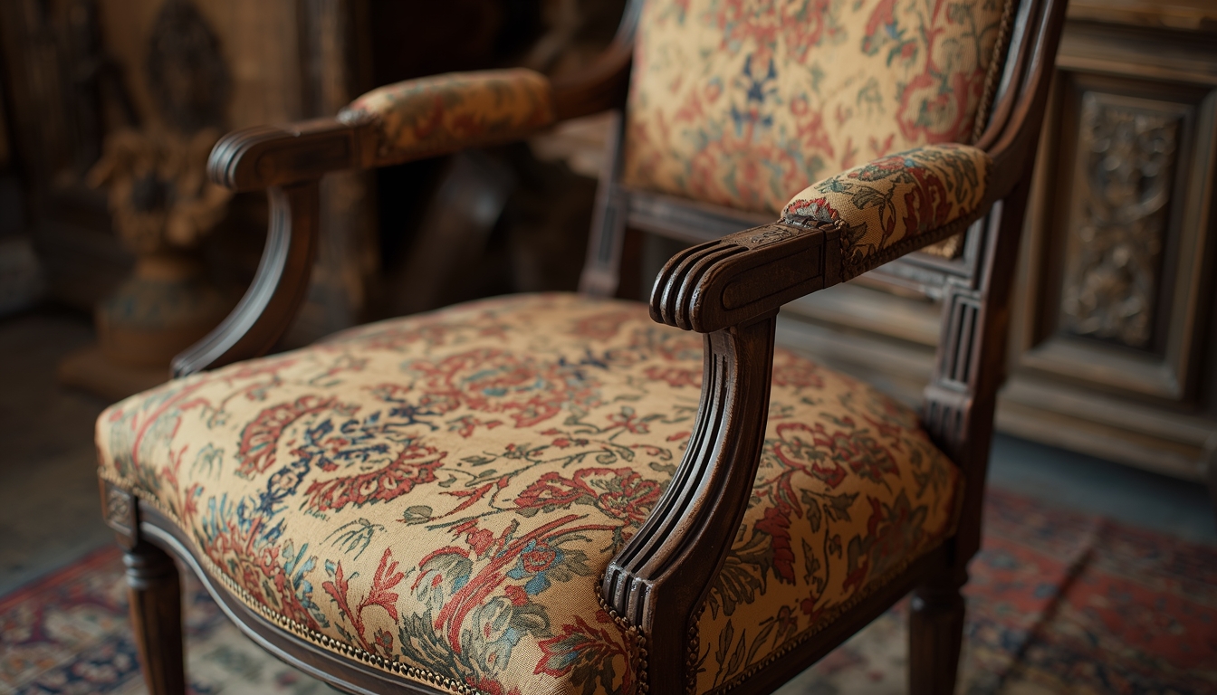 Silla antigua restaurada con tapicería renovada y estructura reforzada